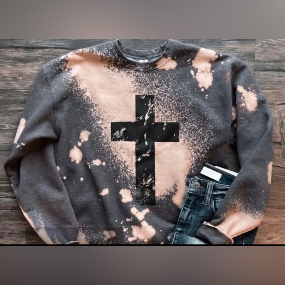 Tultex Black and Peach Bleach Splatter Cross Sweatshirt 2X